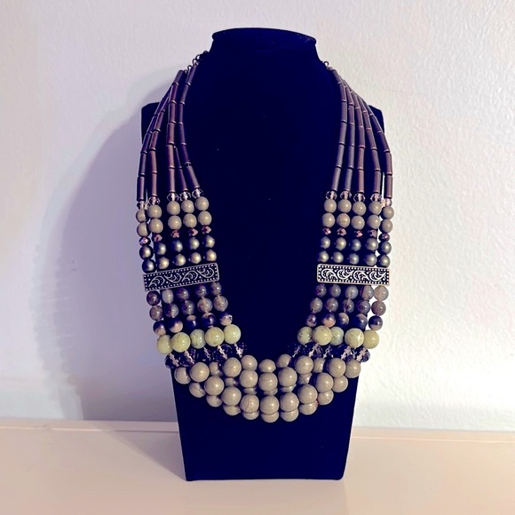 Vintage Jewelry - 5 Strand Natural Stone And Bead Draping Necklace in Olive Green Shades Unique